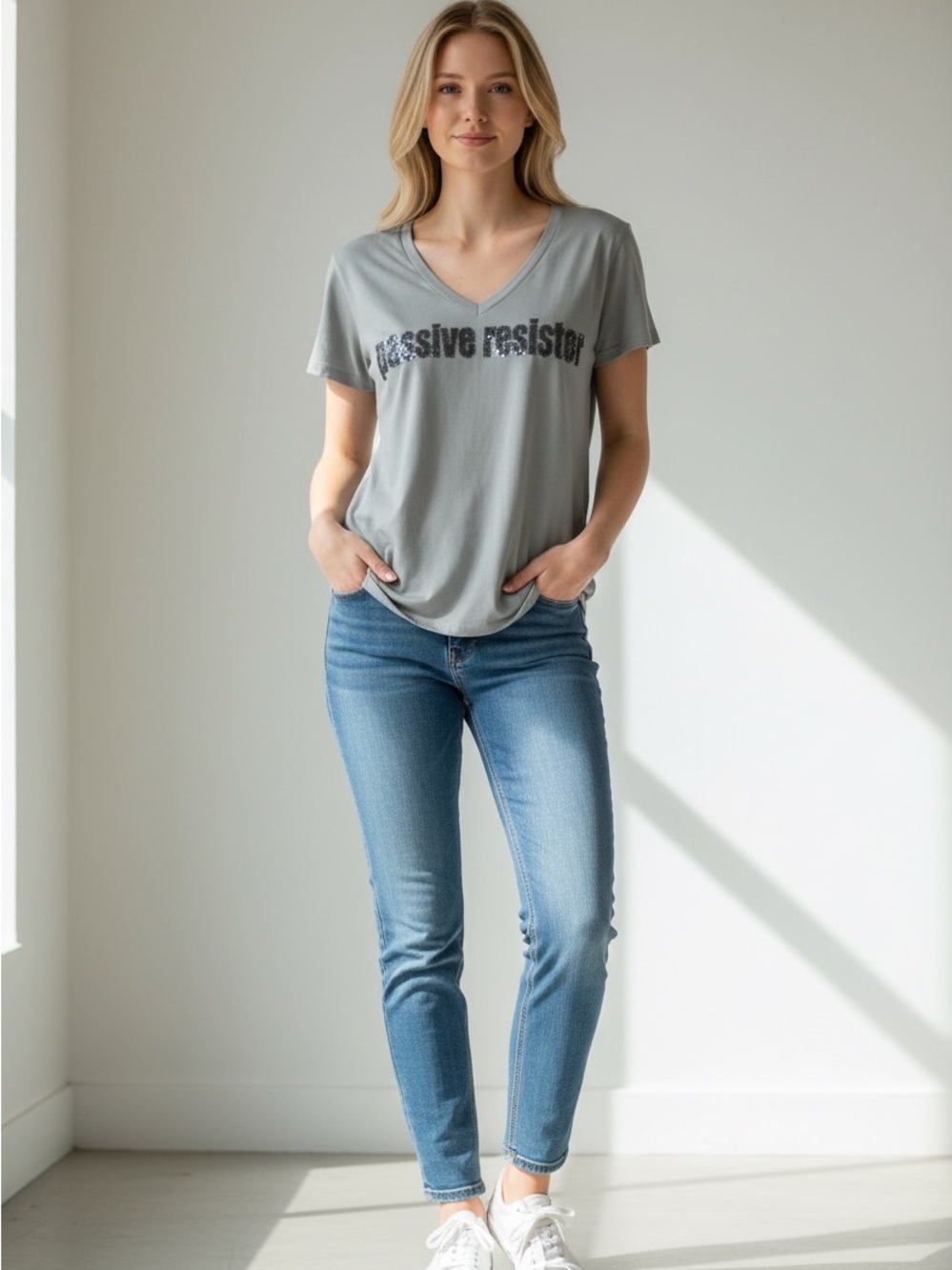 Sir Alistair Rai Gray V-Neck Graphic Skinny Tee